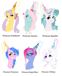 Size: 2530x3094 | Tagged: safe, artist:aztrial, princess primrose, princess royal blue, princess serena, princess sparkle, princess starburst, princess tiffany, butterfly, earth pony, pegasus, pony, unicorn, g1, blushing, braid, crescent moon, description is relevant, female, floral head wreath, flower, flower in hair, glasses, green eyes, grin, group, hat, headcanon, headcanon in the description, heart, hennin, high res, looking at you, looking up, mare, moon, pigtails, pink eyes, princess, princess ponies, purple eyes, redesign, sextet, simple background, smiling, stars, thick eyebrows, twintails, unamused, white background, yellow eyes