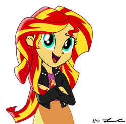 Size: 407x400 | Tagged: safe, artist:sugarilicious, sunset shimmer, human, equestria girls, g4, clothes, jacket, leather, leather jacket, shirt, simple background, skirt, solo, transparent background, vest