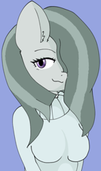 Size: 394x666 | Tagged: safe, anonymous artist, marble pie, earth pony, anthro, g4, :3, blue background, breasts, clothes, ear fluff, female, hair over one eye, ibispaint x, simple background, smiling, solo, sweater