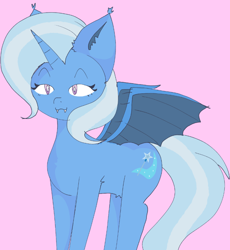 Size: 730x793 | Tagged: safe, anonymous artist, trixie, alicorn, bat pony, bat pony alicorn, pony, g4, :3, bat wings, fangs, horn, ibispaint x, pink background, simple background, solo, spread wings, wings
