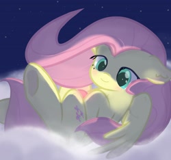 Size: 3277x3066 | Tagged: safe, artist:fuzzycyclone, fluttershy, pegasus, pony, g4, blushing, cloud, colored pupils, cute, dark, female, high res, lighting, mare, night, on a cloud, partially open wings, smiling, solo, starry sky, wings