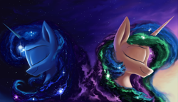 Size: 7000x4000 | Tagged: safe, artist:rocket-lawnchair, princess celestia, princess luna, alicorn, pony, g4, duo, ethereal mane, eyes closed, galaxy mane, royal sisters, siblings, sisters, space