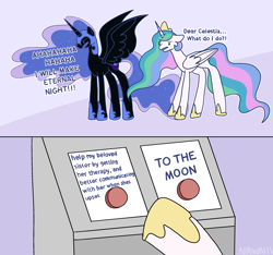 Size: 2588x2421 | Tagged: safe, artist:nawnii, nightmare moon, princess celestia, alicorn, pony, g4, crown, duo, high res, jewelry, meme, regalia, text