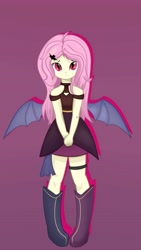 Size: 3193x5661 | Tagged: safe, artist:fuzzycyclone, fluttershy, human, undead, vampire, equestria girls, g4, bat wings, boots, clothes, dress, female, flutterbat, high heel boots, pigeon toed, pink hair, race swap, red eyes, shoes, shy, solo, wings