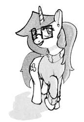 Size: 274x399 | Tagged: safe, artist:winterclover, oc, oc only, oc:cloverberry, pony, unicorn, clothes, glasses, horn, monochrome, simple background, smiling, solo, sweater, unicorn oc, white background