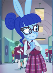 Size: 254x351 | Tagged: safe, artist:winterclover, edit, edited screencap, screencap, oc, oc:cloverberry, rabbit, anthro, equestria girls, g4, my little pony equestria girls: friendship games, background human, bunnified, clothes, crystal prep, crystal prep academy uniform, furrified, glasses, school uniform, skirt, species swap