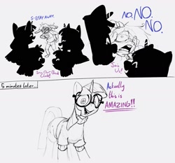 Size: 1743x1623 | Tagged: safe, artist:winterclover, oc, oc:cloverberry, pony, unicorn, anthro, anthro with ponies, clothes, dialogue, glasses, monochrome, sweater, text, twisona