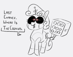 Size: 477x372 | Tagged: safe, artist:winterclover, sweetie belle, pony, robot, robot pony, unicorn, g4, dialogue, missile, monochrome, solo, sweetie bot, text, weapon