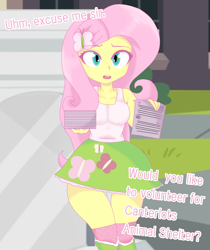Size: 2031x2414 | Tagged: safe, anonymous artist, fluttershy, human, equestria girls, g4, breasts, busty fluttershy, butterfly hairpin, cleavage, female, high res, no source, open mouth, paper, solo, standing, talking to viewer, text