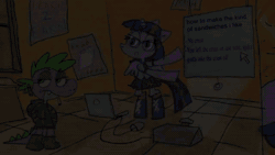 Size: 1280x720 | Tagged: safe, ai assisted, ai content, artist:cate wurtz, artist:winterclover, fifteen.ai, spike, twilight sparkle, alicorn, dragon, anthro, g4, animated, clothes, equestria girls outfit, smoking, sound, text, twilight sparkle (alicorn), webm