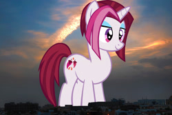 Size: 2048x1365 | Tagged: safe, anonymous editor, artist:thebosscamacho, edit, cayenne, pony, unicorn, g4, background pony, female, giant pony, giant unicorn, giantess, highrise ponies, irl, macro, mare, mega giant, photo, ponies in real life, saudi arabia, smiling, solo