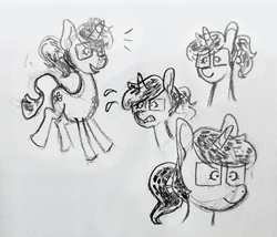 Size: 3000x2571 | Tagged: safe, artist:winterclover, oc, oc:cloverberry, pony, unicorn, frown, glasses, high res, horn, monochrome, smiling, solo, traditional art, unicorn oc