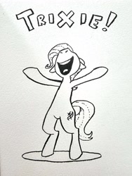 Size: 3000x4000 | Tagged: safe, artist:winterclover, trixie, pony, unicorn, g4, monochrome, nose in the air, open mouth, open smile, smiling, solo, standing on two hooves, text, traditional art