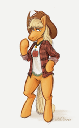 Size: 284x457 | Tagged: safe, artist:winterclover, applejack, earth pony, semi-anthro, g4, arm hooves, clothes, female, hat, hooves, looking at you, simple background, solo, standing on two hooves, white background