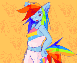 Size: 715x586 | Tagged: safe, artist:myosotis-secunda, rainbow dash, pegasus, pony, anthro, g4, 2023, blue coat, blue eyelashes, blue pupils, blush lines, blushing, clothes, colored ear fluff, colored eyebrows, colored eyelashes, colored pupils, cutie mark on clothes, ear fluff, exposed belly, eye clipping through hair, female, hand on hip, midriff, multicolored hair, open mouth, patterned background, rainbow hair, rainbow tail, red eyes, shiny mane, shiny tail, shorts, solo, spaghetti strap, spiky mane, spiky tail, tail, tank top, wingless