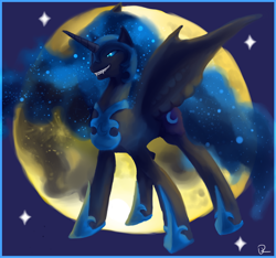 Size: 760x712 | Tagged: safe, artist:icouldusepants, nightmare moon, alicorn, pony, g4, blue eyes, blue mane, blue tail, digital art, ethereal mane, evil, evil grin, fangs, female, flowing mane, flowing tail, grin, helmet, hoof shoes, horn, mare, moon, moonlight, peytral, signature, smiling, solo, spread wings, starry mane, starry tail, stars, tail, teeth, wings