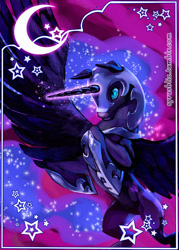 Size: 500x700 | Tagged: safe, artist:syrusbliz, nightmare moon, alicorn, pony, g4, blue eyes, blue mane, blue tail, crescent moon, digital art, ethereal mane, ethereal tail, feather, female, flowing mane, flowing tail, glowing, glowing horn, helmet, hoof shoes, horn, magic, mare, moon, night, print, sky, solo, spread wings, starry mane, starry tail, stars, tail, wings