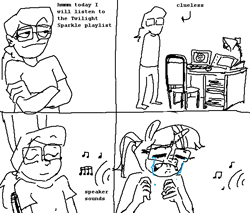 Size: 585x499 | Tagged: safe, artist:winterclover, human, unicorn, anthro, clothes, clueless, comic, crying, glasses, hand, meme, monochrome, rage comic, text, today i will listen to some x