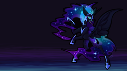 Size: 1920x1080 | Tagged: safe, artist:spookshi, nightmare moon, alicorn, pony, g4, black background, blue eyes, blue mane, blue tail, colored pupils, digital art, ethereal mane, fangs, female, flowing mane, flowing tail, helmet, hoof shoes, horn, lidded eyes, mare, night, open mouth, peytral, simple background, smiling, solo, sparkles, spread wings, starry mane, starry tail, stars, tail, teeth, wallpaper, wings