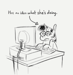 Size: 491x505 | Tagged: safe, artist:winterclover, twilight sparkle, unicorn, anthro, g4, computer, frown, hand, monochrome, sitting, solo, suddenly hands, text