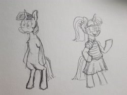 Size: 4000x3000 | Tagged: safe, artist:winterclover, sci-twi, twilight sparkle, pony, unicorn, semi-anthro, g4, arm hooves, chest fluff, clothes, glasses, monochrome, photo, sketch, skirt, solo, standing on two hooves, traditional art