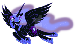 Size: 1024x624 | Tagged: safe, artist:shadowiesart, nightmare moon, alicorn, pony, g4, angry, blue eyes, blue mane, blue tail, colored pupils, deviantart watermark, digital art, ethereal mane, eyelashes, fangs, feather, female, flowing mane, flowing tail, flying, hoof shoes, horn, mare, obtrusive watermark, peytral, simple background, solo, spread wings, starry mane, starry tail, tail, teeth, transparent background, watermark, wings