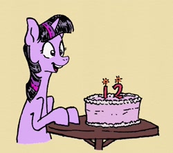 Size: 3264x2885 | Tagged: safe, artist:winterclover, twilight sparkle, pony, unicorn, g4, anniversary, cake, food, happy birthday mlp:fim, high res, simple background, sitting, smiling, solo, unicorn twilight, yellow background