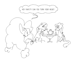 Size: 780x634 | Tagged: safe, artist:winterclover, part of a set, fluttershy, pinkie pie, rarity, earth pony, pegasus, pony, unicorn, g4, monochrome, sitting, teapot, text, trio