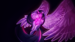 Size: 2560x1440 | Tagged: safe, artist:gryphonquila, twilight sparkle, alicorn, pony, g4, crying, dark, eyes closed, female, floppy ears, immortality blues, impossibly large wings, large wings, mare, solo, twilight sparkle (alicorn), wings