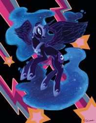 Size: 792x1008 | Tagged: safe, artist:redcurrant, nightmare moon, alicorn, pony, g4, blue eyes, blue mane, blue tail, colored pupils, concave belly, digital art, ethereal mane, ethereal tail, eyelashes, fangs, feather, female, flowing mane, flowing tail, flying, helmet, hoof shoes, lidded eyes, mare, open mouth, peytral, slender, smiling, solo, spread wings, starry mane, starry tail, stars, tail, teeth, thin, wings