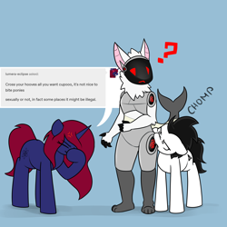 Size: 3000x3000 | Tagged: safe, artist:vipy, oc, oc:vipy, cyborg, earth pony, pony, protogen, unicorn, biting, butt bite, earth pony oc, high res, horn, simple background, trio, unicorn oc