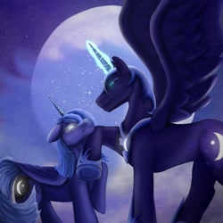 Size: 1080x1080 | Tagged: safe, artist:otherwordiy, nightmare moon, princess luna, alicorn, pony, g4, blank eyes, blue eyes, blue mane, cloud, colored pupils, concave belly, crying, digital art, dream, ethereal mane, female, flowing mane, glowing, glowing horn, height difference, helmet, hoof shoes, horn, looking at each other, looking at someone, magic, mare, moon, night, peytral, sad, spread wings, starry mane, stars, story included, translucent, wings