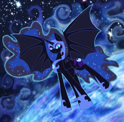 Size: 4096x4031 | Tagged: safe, artist:stormriderwolf, nightmare moon, alicorn, pony, g4, absurd resolution, bat wings, blue eyes, blue mane, blue tail, colored pupils, digital art, ethereal mane, ethereal tail, female, flowing mane, flowing tail, frown, helmet, hoof shoes, horn, looking at you, mare, solo, space, sparkles, spread wings, stars, tail, wings