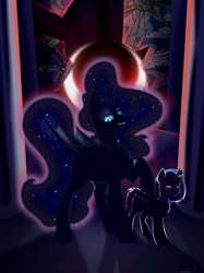 Size: 2244x3000 | Tagged: safe, artist:ekaterinaramm, nightmare moon, princess luna, alicorn, bat pony, pony, g4, bat ponified, bat wings, blue eyes, blue mane, blue tail, colored pupils, crepuscular rays, crescent moon, dark, digital art, ethereal mane, ethereal tail, evil grin, eyeshadow, female, flowing mane, flowing tail, folded wings, grin, high res, horn, looking at you, lunabat, makeup, mare, moon, night, nightmare night, race swap, raised hoof, sky, smiling, smiling at you, sparkles, stars, tail, teeth, wings