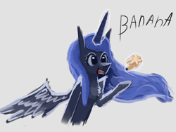 Size: 2560x1920 | Tagged: safe, artist:xelksor, princess luna, alicorn, pony, g4, banana, female, food, glowing, glowing horn, horn, mare, simple, simple background, simple shading, wings