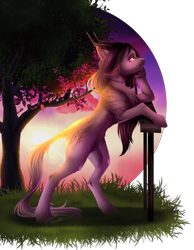 Size: 3500x4500 | Tagged: safe, artist:lunciakkk, oc, oc only, oc:ohara, chest fluff, commission, grass, outdoors, simple background, solo, sunset, thinking, transparent background, tree, vaporwave