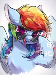 Size: 1080x1440 | Tagged: safe, artist:tkotu434, rainbow dash, pegasus, pony, g4, bust, female, glasses, looking at you, mare, open mouth, simple background, solo, white background, wings