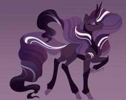 Size: 1920x1522 | Tagged: safe, artist:bishopony, nightmare rarity, pony, unicorn, g4, cloven hooves, curved horn, digital art, eyeshadow, female, flowing mane, flowing tail, horn, looking at you, makeup, mare, purple background, purple eyes, purple mane, purple tail, raised hoof, signature, simple background, solo, tail, walking