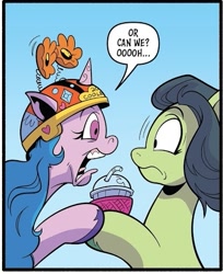 Size: 413x506 | Tagged: safe, artist:andypriceart, idw, official comic, izzy moonbow, earth pony, pony, unicorn, g5, spoiler:comic, spoiler:g5comic, spoiler:g5comic08, dialogue, duo, faic, helmet, speech bubble, unnamed character, unnamed pony