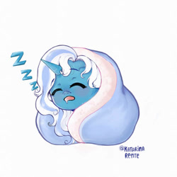 Size: 500x500 | Tagged: safe, artist:katarinarente123, oc, oc only, oc:fleurbelle, alicorn, pony, alicorn oc, blanket, blushing, cute, drool, eyes closed, horn, onomatopoeia, simple background, sleeping, solo, sound effects, watermark, white background, zzz