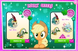 Size: 1549x1020 | Tagged: safe, gameloft, applejack, rain shine, kirin, g4, my little pony: magic princess, advertisement, costs real money, green, holiday, saint patrick's day