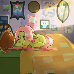 Size: 2048x2048 | Tagged: safe, artist:miwq, derpibooru exclusive, oc, oc:forêt brume, pegasus, pony, bed, high res, house, sleeping, solo