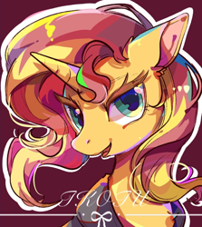 Size: 1024x1150 | Tagged: safe, artist:tkotu434, edit, sunset shimmer, pony, unicorn, g4, bust, female, looking at you, mare, signature, smiling, smiling at you, solo