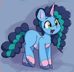 Size: 1794x1736 | Tagged: safe, artist:taurson, misty brightdawn, pony, unicorn, g5, butt, butt freckles, coat markings, curly mane, curly tail, cute, daaaaaaaaaaaw, eyebrows, eyebrows visible through hair, female, freckles, happy, mare, mistybetes, mistybutt, open mouth, open smile, signature, smiling, socks (coat markings), solo, tail, unshorn fetlocks