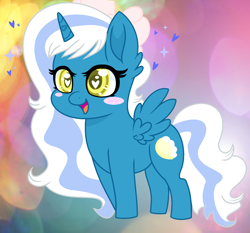 Size: 1636x1524 | Tagged: safe, artist:autumntwinkle, oc, oc only, oc:fleurbelle, alicorn, pony, alicorn oc, blushing, bow, chibi, female, hair bow, heart, heart eyes, horn, mare, rainbow background, solo, sparkles, wingding eyes, wings