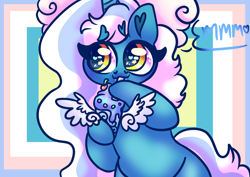 Size: 1024x724 | Tagged: safe, artist:iloveehlm, oc, oc only, oc:fleurbelle, alicorn, pony, semi-anthro, alicorn oc, arm hooves, bow, cherry, drink, drinking, female, food, hair bow, heart, heart eyes, horn, mare, milkshake, solo, speech bubble, wingding eyes, wings