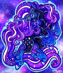 Size: 1104x1280 | Tagged: safe, artist:kaijujungle, idw, nightmare rarity, pony, unicorn, g4, angry, antagonist, colored pupils, crown, digital art, ethereal mane, ethereal tail, evil, eyelashes, fangs, female, flowing mane, flowing tail, gem, horn, jewelry, long horn, looking at you, mare, menacing, night, open mouth, purple mane, purple tail, regalia, signature, sky, solo, sparkles, starry mane, starry tail, stars, tail, teeth, threatening, unshorn fetlocks, villainess