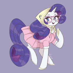 Size: 2048x2048 | Tagged: safe, artist:pastaottercakes, rarity, pony, unicorn, g4, camping outfit, clothes, female, glasses, high res, mare, open mouth, open smile, raised hoof, simple background, smiling, solo