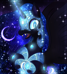 Size: 1800x2000 | Tagged: safe, artist:ryuko-rose, nightmare moon, alicorn, pony, g4, beautiful, blue eyes, blue mane, blue tail, bust, crescent moon, dazzling, digital art, ethereal mane, ethereal tail, eyeshadow, fangs, female, flowing mane, flowing tail, gem, glowing, glowing eyes, glowing horn, horn, jewelry, magic, makeup, mare, moon, necklace, night, open mouth, pearl necklace, peytral, portrait, redesign, regalia, solo, space, sparkles, spread wings, starry mane, starry tail, stars, tail, teeth, wings
