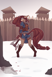 Size: 2600x3800 | Tagged: safe, artist:chapaevv, oc, oc only, oc:ondrea, anthro, unguligrade anthro, angry, axe, baby, baby pony, blood, clothes, female, fort, high res, looking back, skull, snow, weapon
